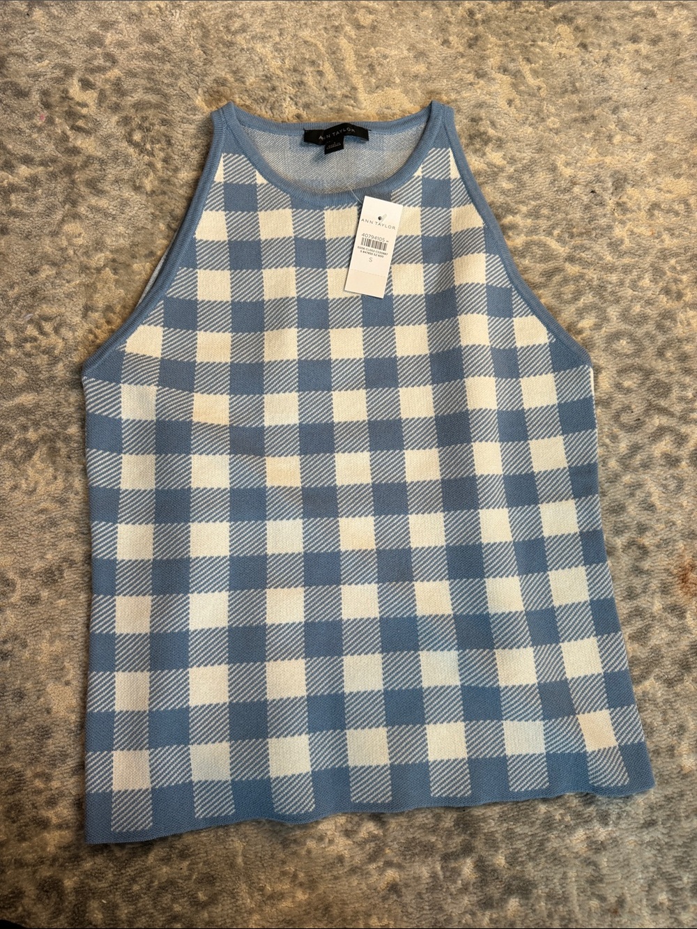 Ann Taylor Blue and White Gingham Knit Halter Tank